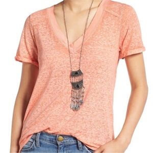 WE THE FREE BY FREE PEOPLE HEATHER ORANGE SLIGHTLY SHEER V-NECK TOP- SIZE Small